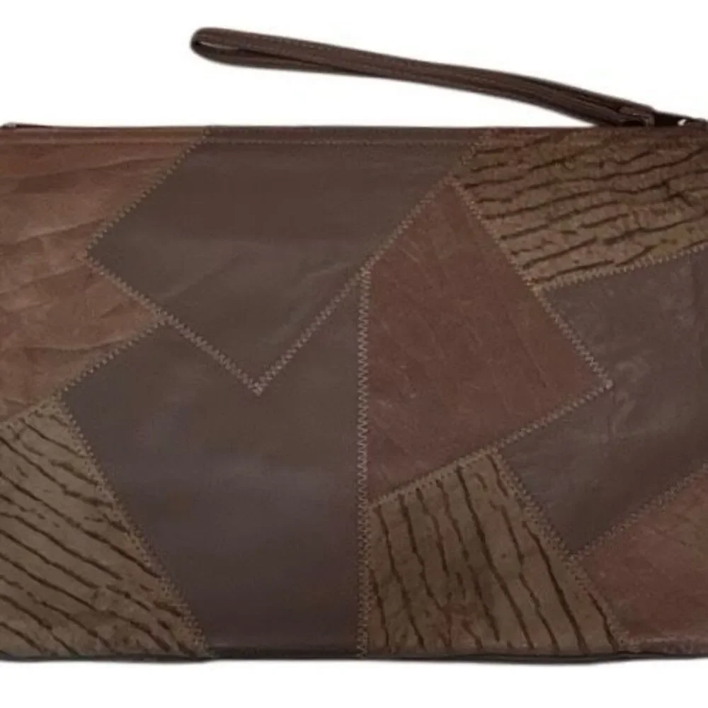 Vintage 80s 90s Clutch Wristlet Pouch Women's Brown Leather Patchwork Textured